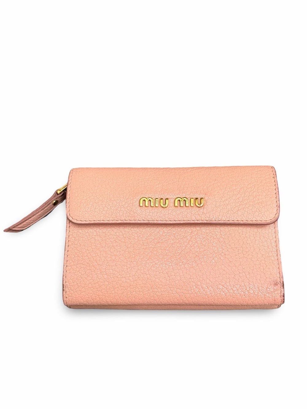 Authentic Miu Miu Pink Grained Leather Flap Compact Bifold Wallet